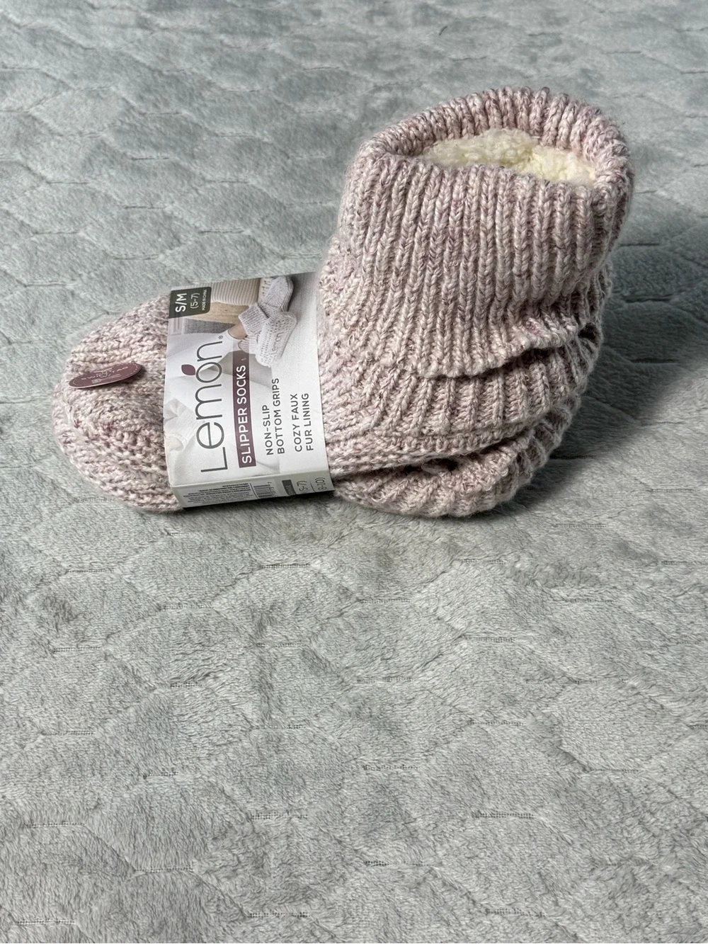 Lemon Slipper Socks NWT Pink Heather Faux Fur Lined Non Slip S/M 5-7